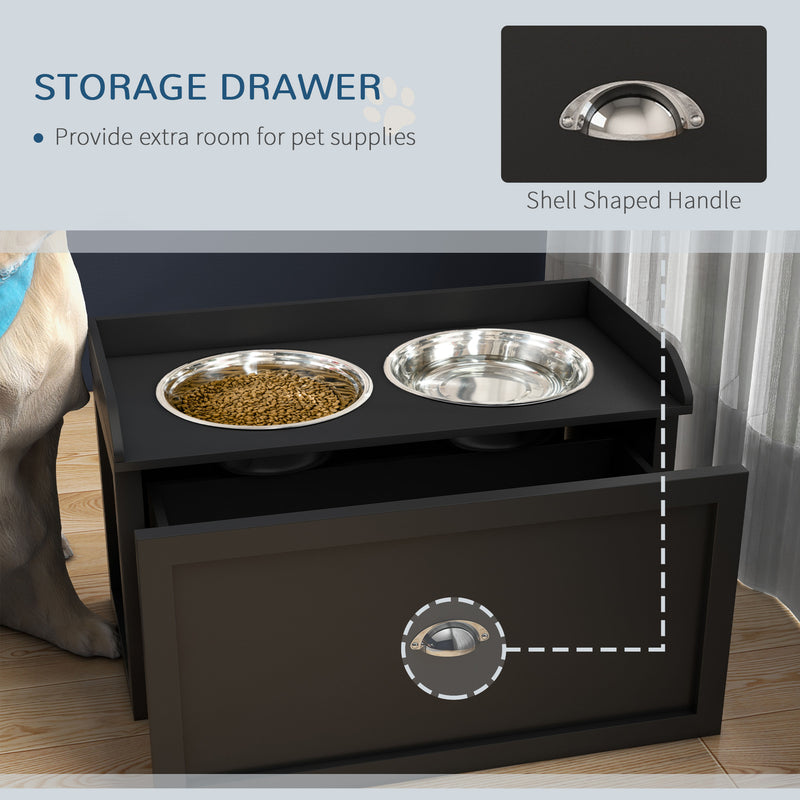 Stainless Steel Raised Dog Bowls with Built In Storage Drawer for Large Pets, Black