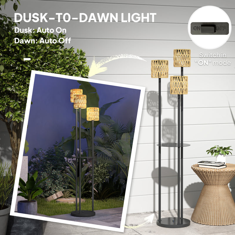 Boho Rattan Floor Lamp with Shelf 3 Light Solar Powered Waterproof IP44 by Outsunny