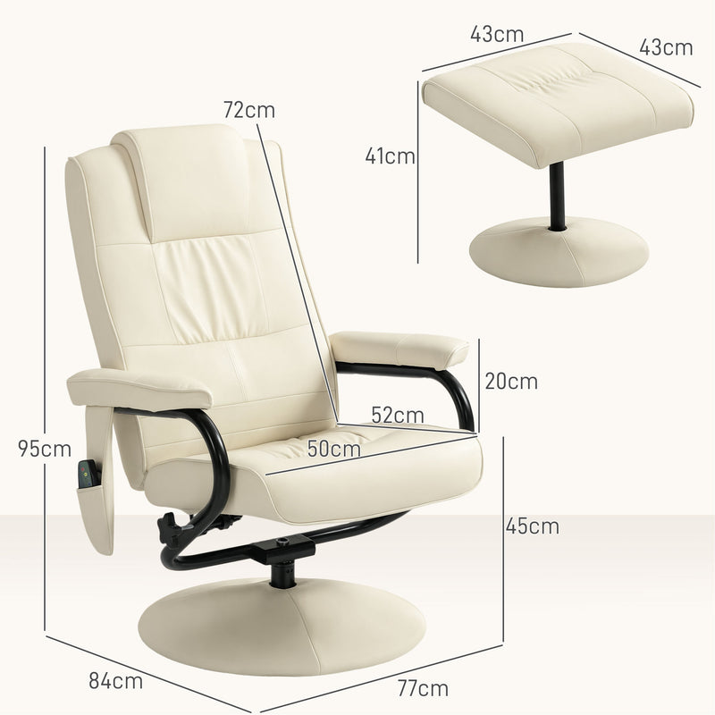 Swivel Recliner Massage Chair with Footstool and Remote Control for Home Comfort, Cream White