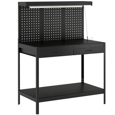 Workbench with Storage, LED Light and Power Outlets for Garage or Workshop Black AOSOM