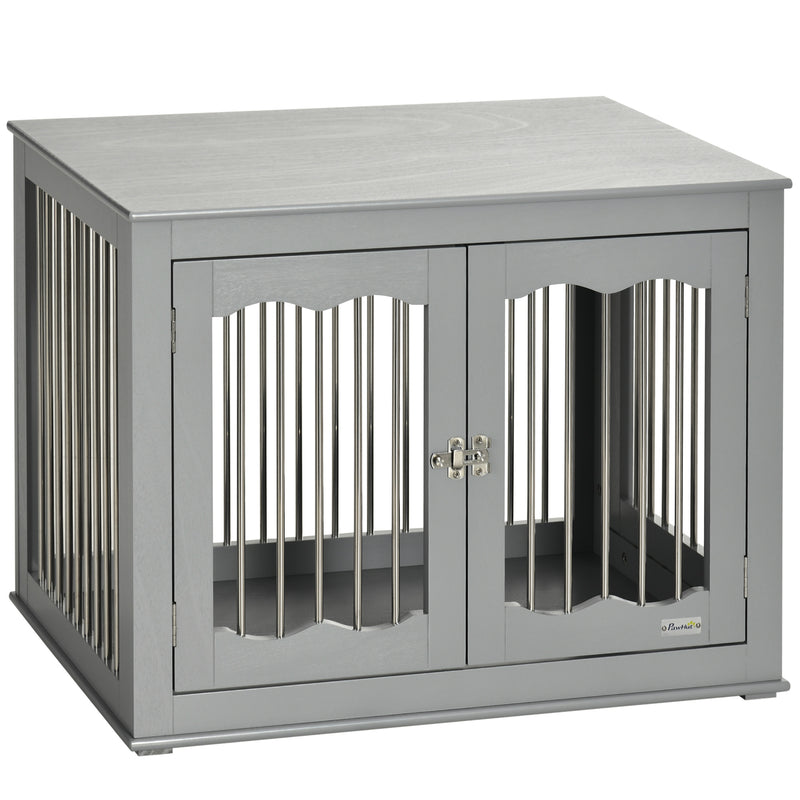 Wooden Dog Crate End Table with Triple Doors and Locks for Indoor Use Grey