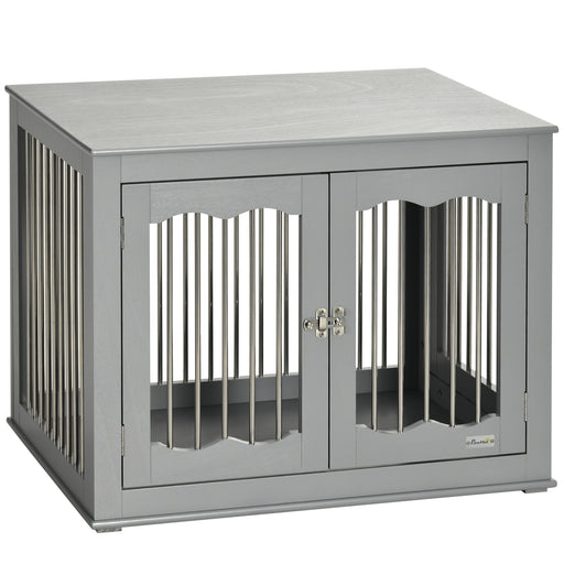 Wooden Dog Crate End Table with Triple Doors and Locks for Indoor Use Grey