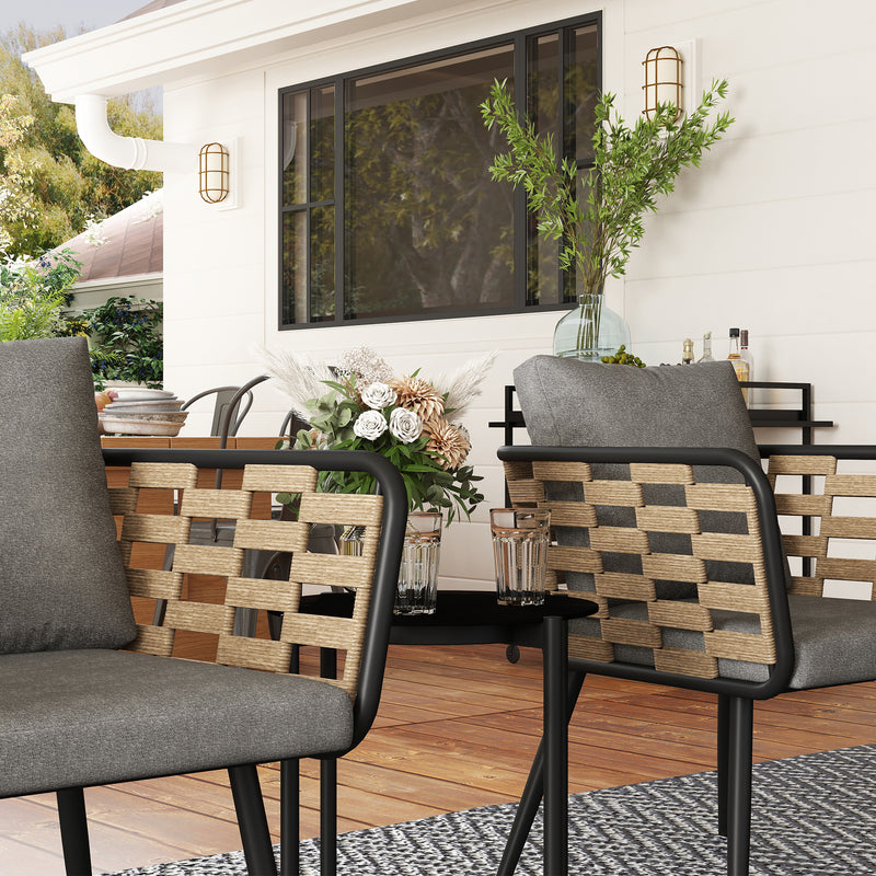 3 Piece Black Rattan Bistro Set with Cushions and Glass Top Table for Patio