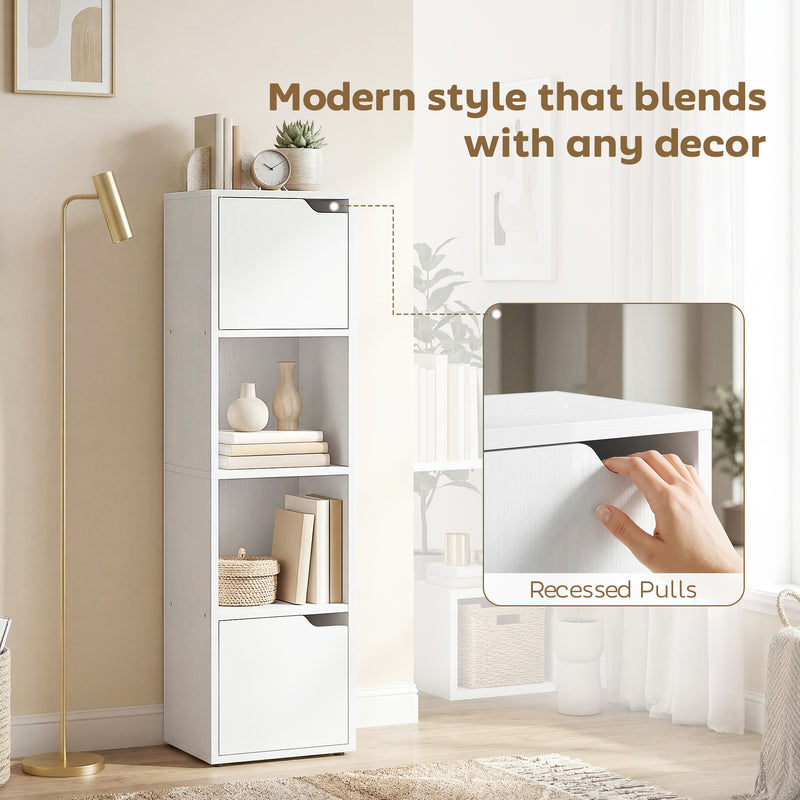 Slim Bookcase with Shelves and Cabinets for Small Spaces White