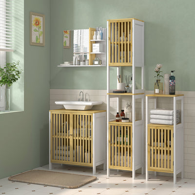 White Bathroom Mirror With Bamboo Frame And Storage Shelves For Modern Interiors
