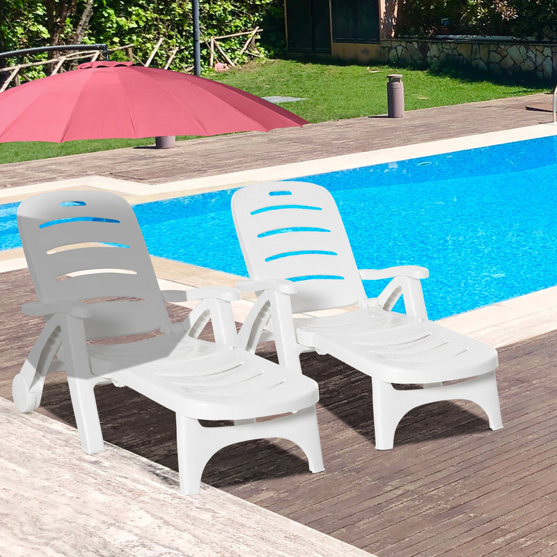 White 2 Piece Folding Sun Lounger Set With Wheels And 5 Position Reclining Backrest