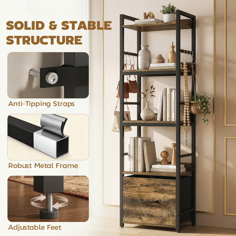Slim Bookshelf with Drawer and Hooks for Small Spaces and Corners Rustic Brown AOSOM