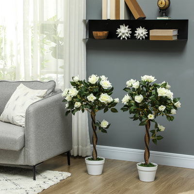 Set of Two White Faux Rose Trees Indoor Outdoor Decorative Plants by Outsunny