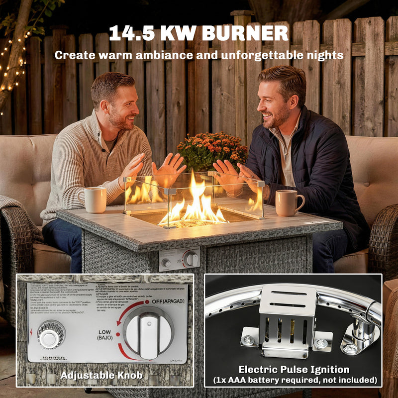 Outdoor Rattan Gas Fire Pit Table With Adjustable Flame And Glass Guard Dark Grey Outsunny