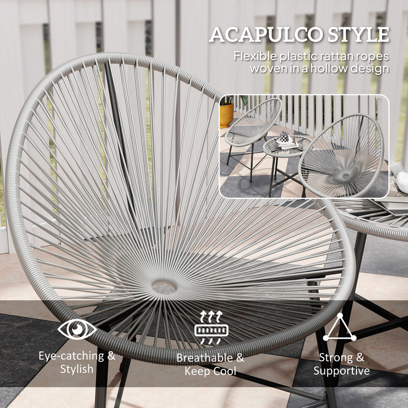 Grey 3 Piece Rattan Bistro Set with Acapulco Chairs and Glass Table for Garden and Patio by Outsunny