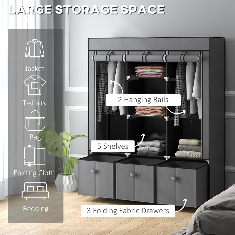 Portable Fabric Wardrobe with Shelves and Hanging Rails for Bedroom Storage Dark Grey
