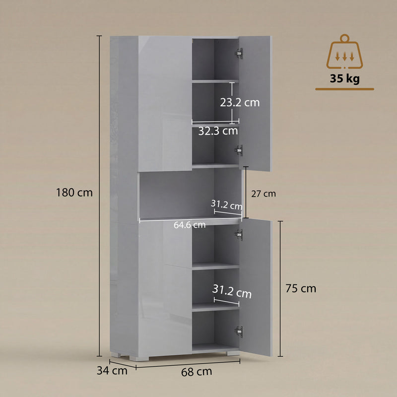 Tall Cupboard For Kitchen Storage with Adjustable Shelves and Soft Close Doors Modern Grey High Gloss 68x34x180cm