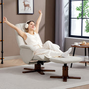 Linen Swivel Recliner Armchair with Footstool and Wooden Base for Living Room Comfort Beige