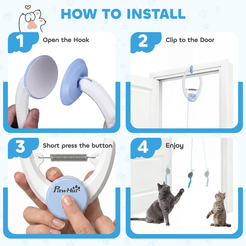 Automatic Doorway Cat Toy With Timer For Indoor Play And Scratch Prevention White Blue Pawhut