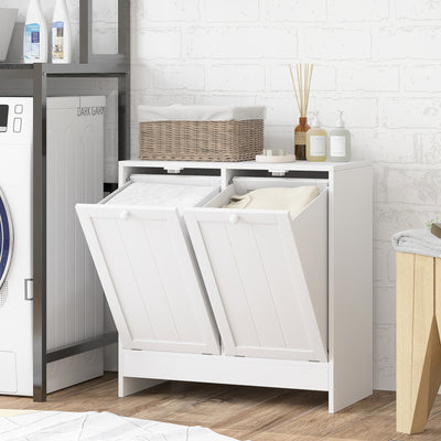 Double Laundry Hamper Cabinet with Tilt Out Baskets for Bathroom or Bedroom Storage White