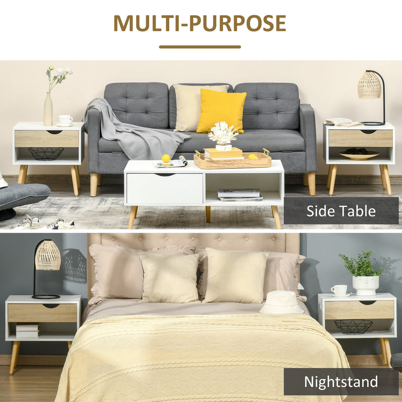 Set of 2 Bedside Tables with Drawer and Shelf for Bedroom Storage by HOMCOM