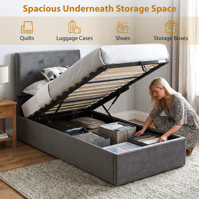 Single Ottoman Bed Frame with Gas Lift Storage and Padded Velvet Headboard, Dark Grey Homcom
