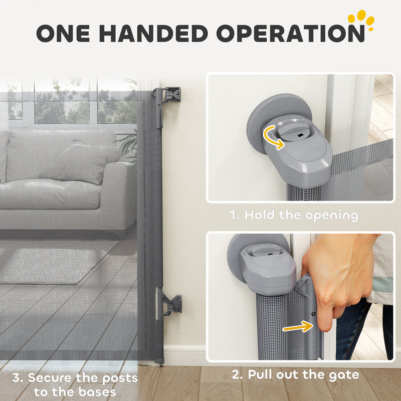 Retractable Dog Gate for Doorways and Stairs with One-Handed Operation Grey AOSOM