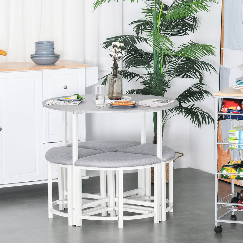 Grey Round Dining Table Set with 4 Upholstered Stools for Modern Kitchen or Dining Room