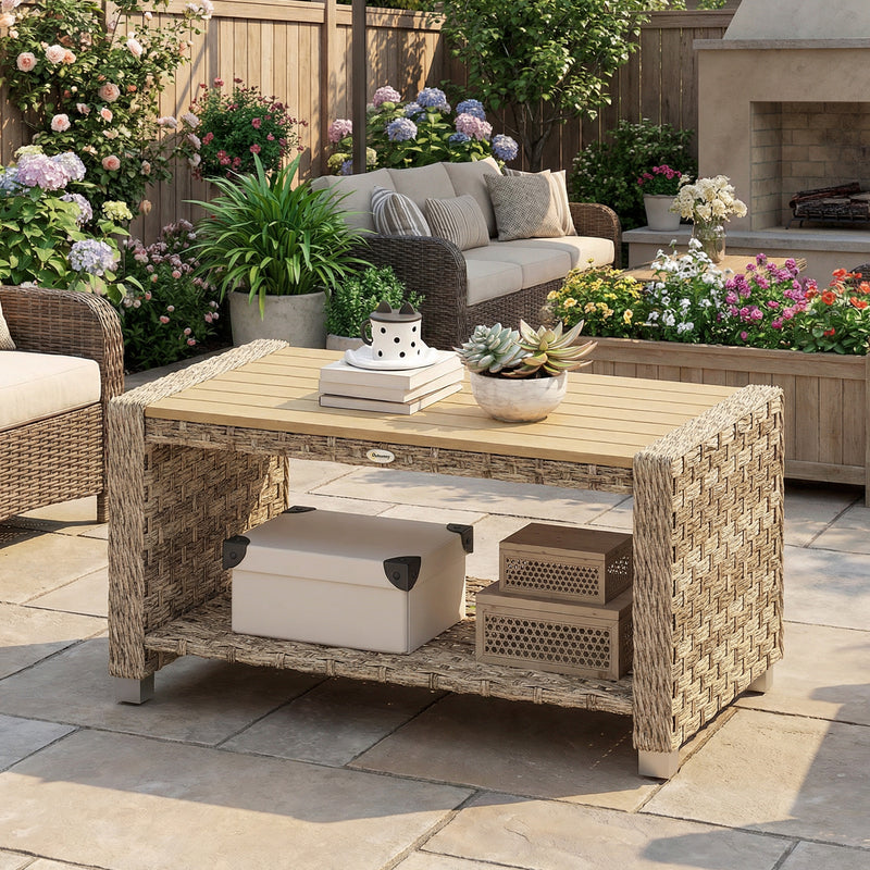 Rattan Coffee Table with Two-Tier Storage for Outdoor Seating Areas Light Brown AOSOM