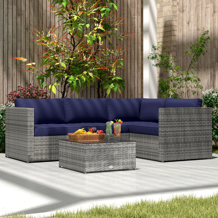 3 Seater Rattan Garden Sofa Set With Coffee Table Grey With Blue Cushions By Outsunny