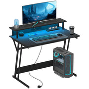 Black Gaming Desk with LED Lights and Power Outlets 100 x 60cm Z Shaped by HOMCOM