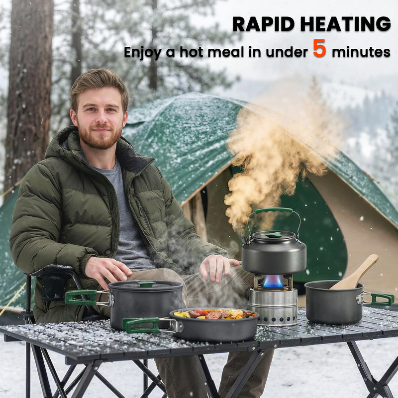 Camping Cookware Set for 4–5 People with Compact Nesting Design for Easy Group Cooking Grey Green