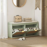 Boho Shoe Storage Bench with Cushion and Flip Drawers for Hallway or Entryway Light Green