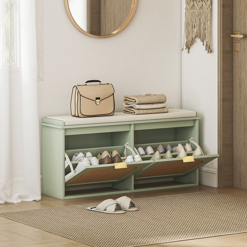 Boho Shoe Storage Bench with Cushion and Flip Drawers for Hallway or Entryway Light Green