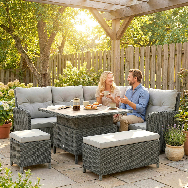 6-Piece Rattan Garden Furniture Set with Height-Adjustable Coffee Table, Dark Grey & Cream Outsunny