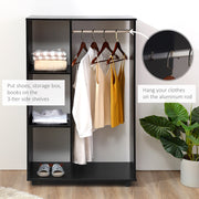 Black Open Wardrobe on Wheels with Hanging Rail and Shelves for Bedroom or Hallway Use