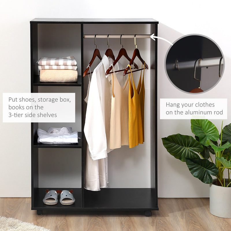 Black Open Wardrobe on Wheels with Hanging Rail and Shelves for Bedroom or Hallway Use