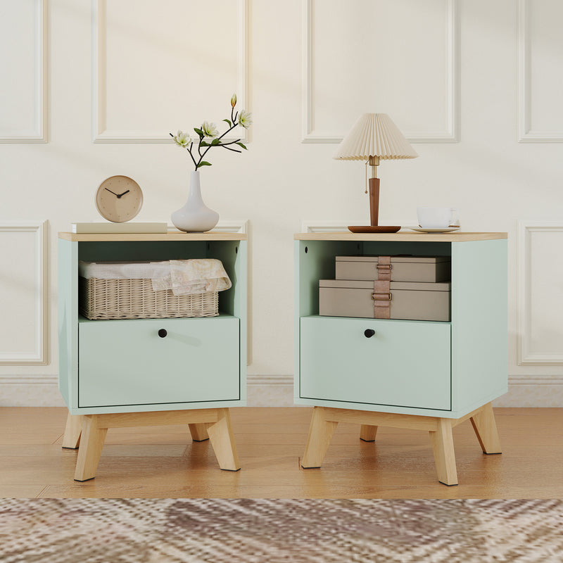 Set of 2 Bedside Tables with Drawer and Shelf for Organised Bedroom Storage Light Green Oak AOSOM
