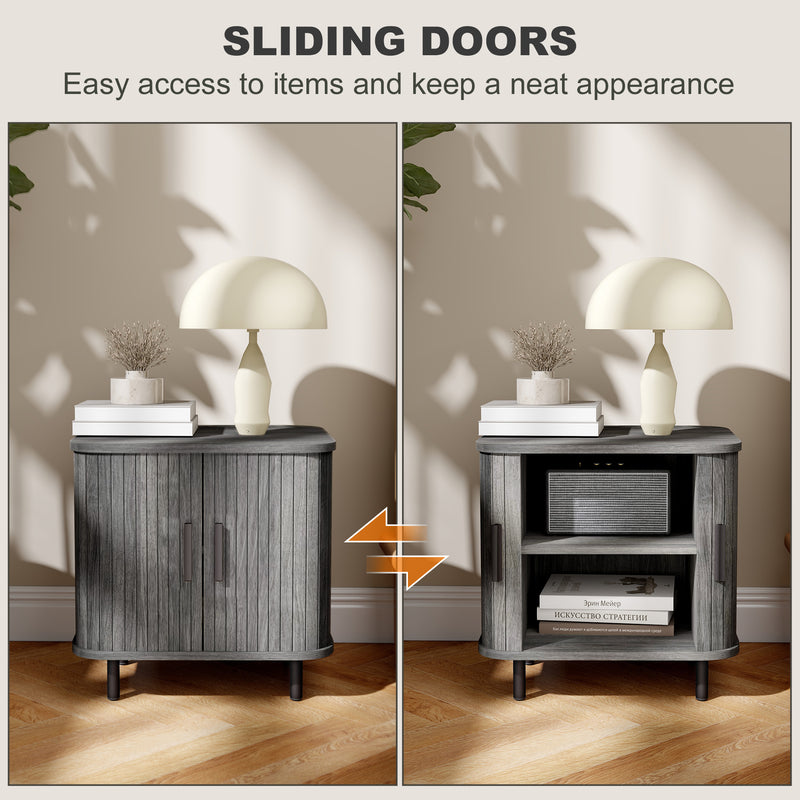 Nordic Bedside Table with Sliding Roller Doors and Metal Legs for Bedroom Grey