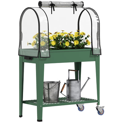 Raised Planter with Greenhouse Cover Mobile Garden Bed with Wheels and Shelf for Vegetables by Outsunny