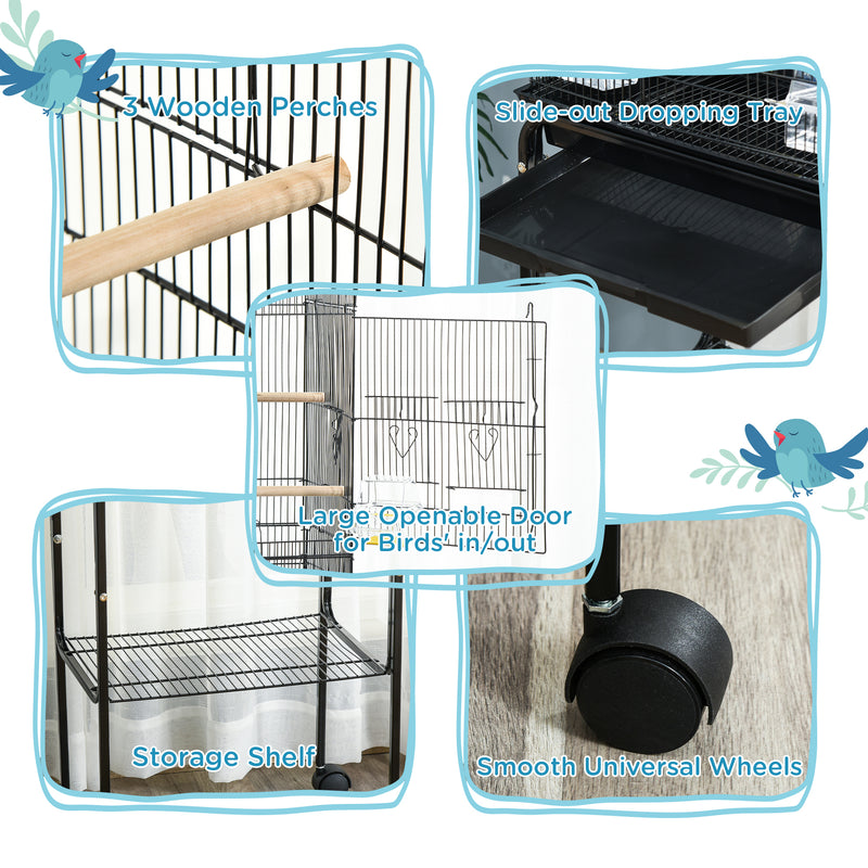 Black Bird Cage for Budgies Canaries Finches with Stand Wheels Storage Shelf by PawHut