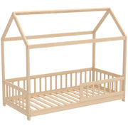 Wooden Kids House Bed Frame with Safety Guard Rails for Children Single Bed Natural AOSOM