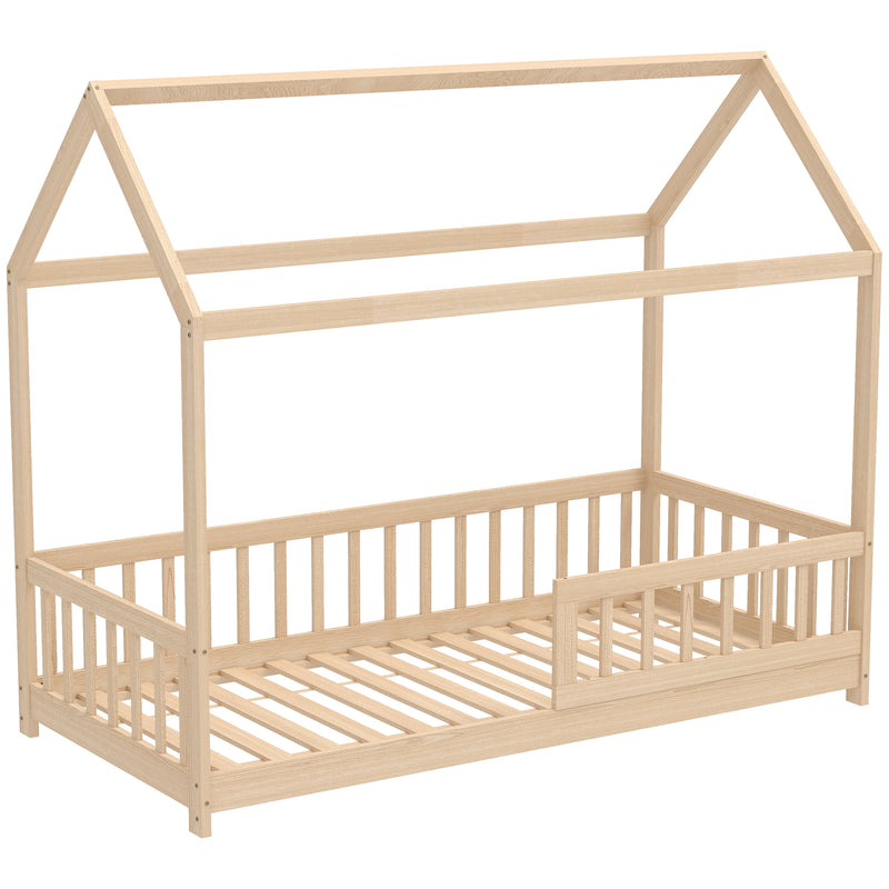Wooden Kids House Bed Frame with Safety Guard Rails for Children Single Bed Natural AOSOM