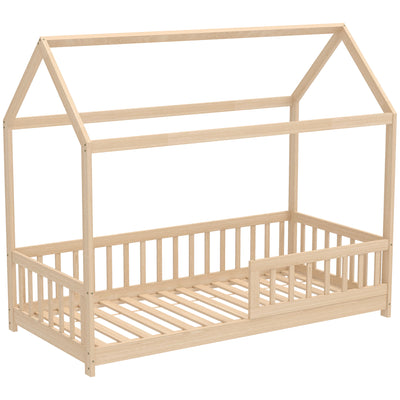 Wooden Kids House Bed Frame with Safety Guard Rails for Children Single Bed Natural AOSOM