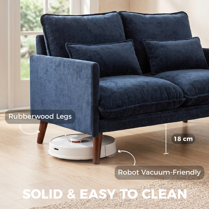 2 Seater Compact Sofa for Small Spaces with Supportive Cushions and Velvet Feel Blue