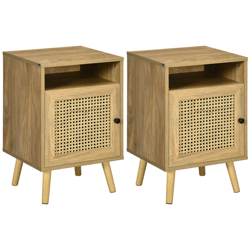 Set of 2 Rattan Bedside Tables with Storage Shelf and Cupboard Ideal for Bedrooms Natural