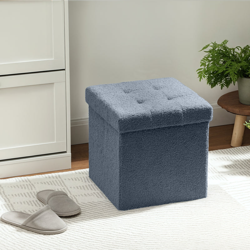 Foldable Storage Ottoman with Sherpa Fleece Top Ideal for Living Room Organisation Blue