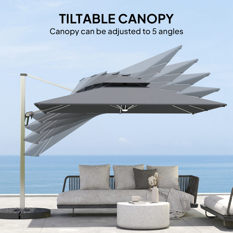 Grey 3m Garden Cantilever Parasol with Solar LED Lights and 360 Degree Rotation by Outsunny