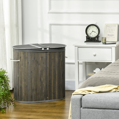 100L Bamboo Laundry Basket with Lid and 2 Sections Removable Lining, Grey