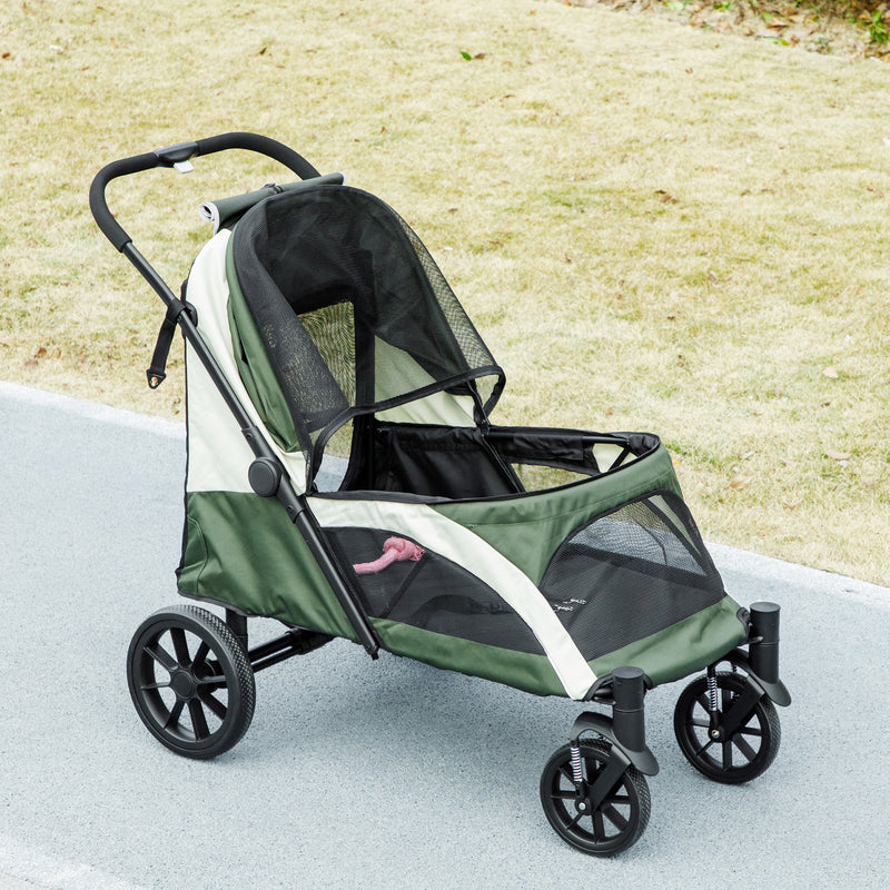Dark Green Folding Pet Stroller for Large Dogs with Shock Absorb Frame and Safety Leashes by PawHut AOSOM