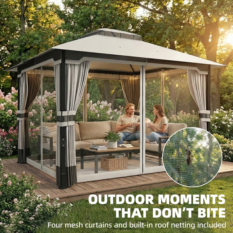 3x3.6m Metal Garden Gazebo with Curtains and Mesh for Shaded Private Outdoor Seating, Light Grey Outsunny