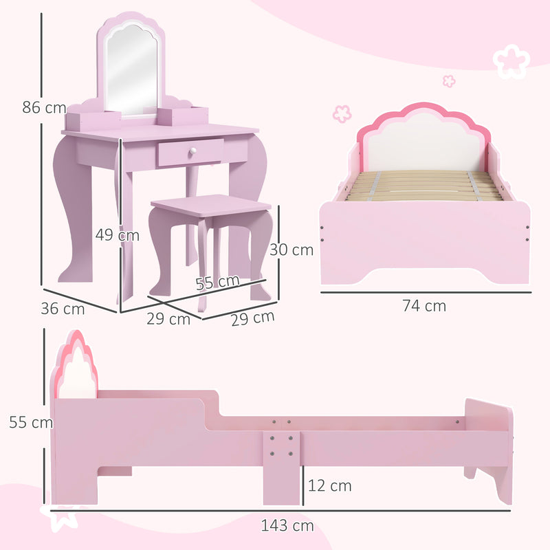 Wooden Kids Bedroom Furniture Set with Bed Dressing Table and Stool for Ages 3 to 6 White AOSOM