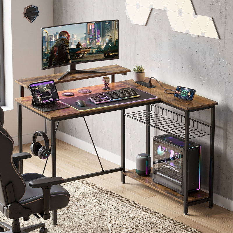 L Shaped Corner Desk with Shelves and Power Outlets for Organised Home Office Rustic Brown