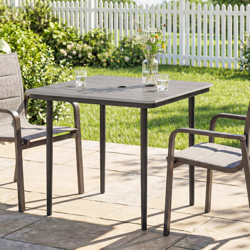 Garden Dining Table for 4 with Parasol Hole Weather Resistant Wood Effect Top Light Grey
