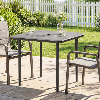 Garden Dining Table for 4 with Parasol Hole Weather Resistant Wood Effect Top Light Grey Outsunny